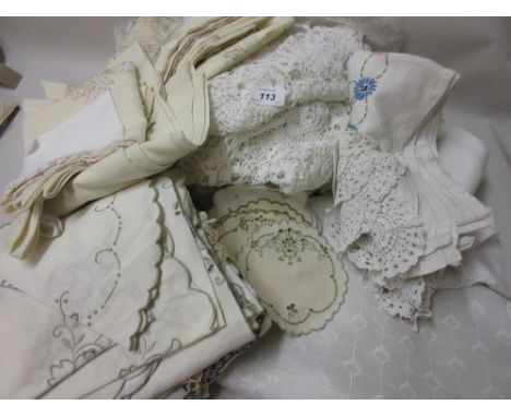Quantity of miscellaneous lace, crochet and other table linen together with a small modern machine woven tapestry