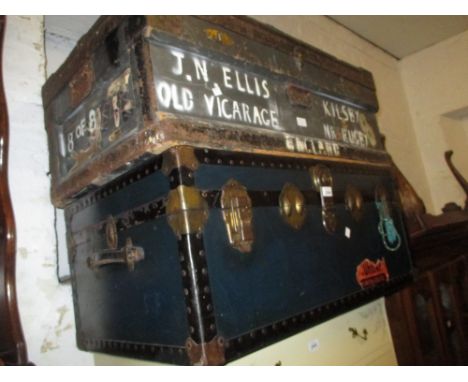 Early 20th Century cabin trunk bearing Union Castle shipping labels together with a vintage hat box