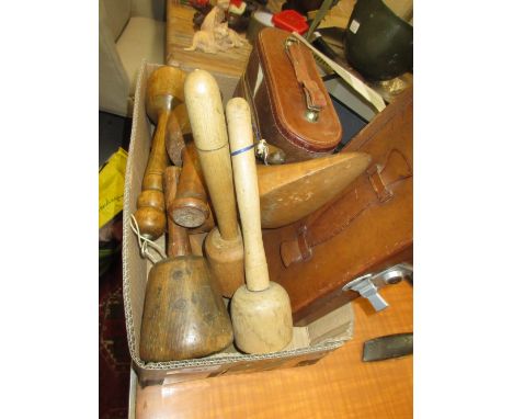 Quantity of wooden shoe lasts, a pony skin decanter box and a small leather case