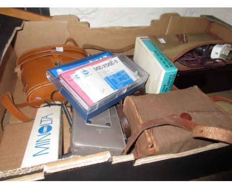 Various cameras, a Bakelite cased portable projector, cased pair of binoculars and accessories