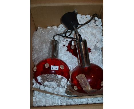 Chrome red Perspex and clear glass triple pendant light fitting, circa 1970