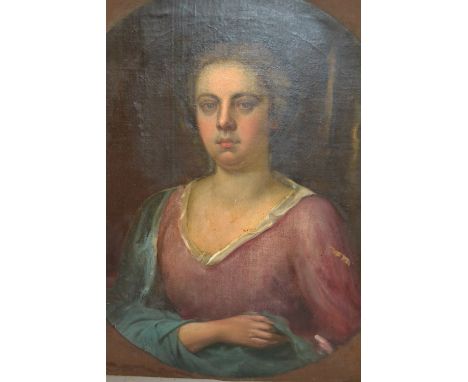 18th Century oil on canvas, half length portrait of a lady, painted to the oval, unframed, 29ins x 24ins