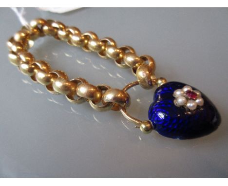 Victorian gold ruby and split pearl enamel decorated heart shaped bracelet clasp with a yellow metal bracelet (enamel chipped