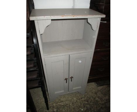 Painted side cabinet with single shelf above two panelled doors on stile end supports