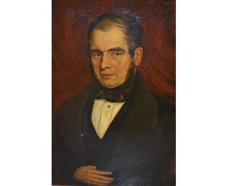 19th Century English school, oil on canvas, half length portrait of a gentleman wearing a gold wedding ring, 29ins x 24ins, g