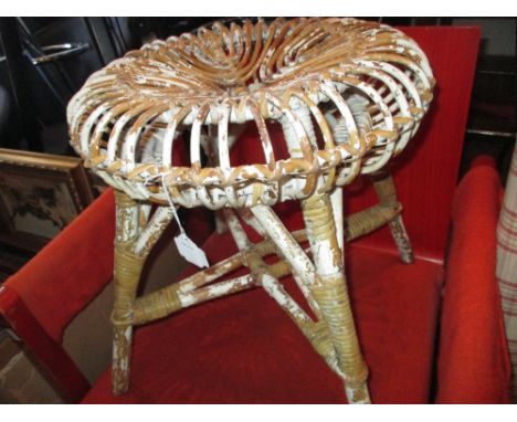 1960's White rattan stool designed by Franco Albini and a 19th Century mahogany three shelf wall bracket