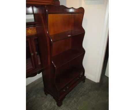 Reproduction mahogany four shelf waterfall type open bookcase with drawer to base
