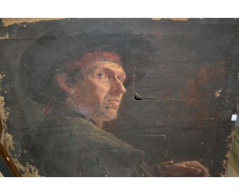 19th Century oil on canvas, head and shoulder portrait of a man wearing a wide brimmed hat, 20ins x 24ins, unframed (for rest