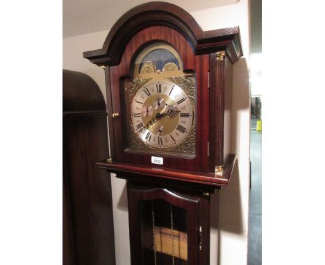 Reproduction mahogany longcase clock with a moon phase dial and three train weight driven movement