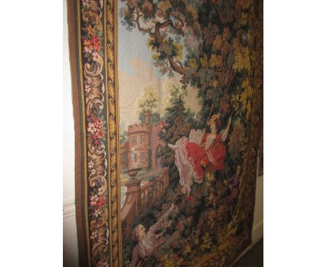 Large reproduction machine woven tapestry wall hanging, 18th Century garden scene with a girl on a swing, 9ft x 6ft approxima