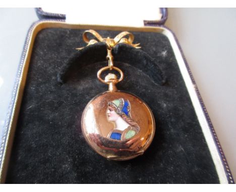 Ladies Swiss 14ct gold cased fob watch, the cover diamond set and enamel decorated with a portrait of a lady, suspended from 