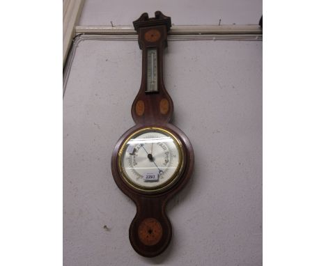 Edwardian mahogany and inlaid banjo shaped aneroid barometer thermometer