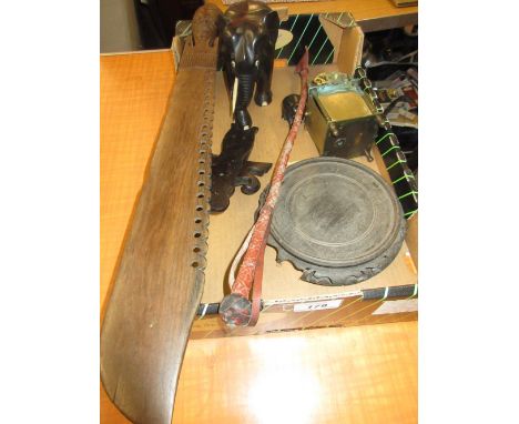 Two carved ebony figures of elephants, large carved wooden African knife, two folding stands and a brass carriage clock