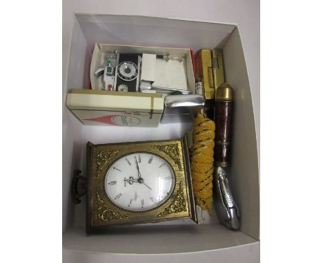 Small collection of various cigarette lighters, including Dunhill etc together with a small brass cased mantel clock