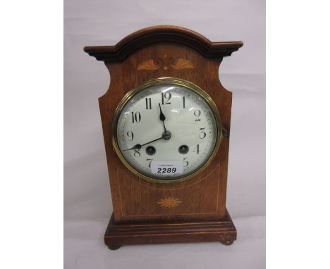 Edwardian mahogany and boxwood inlaid two train mantel clock