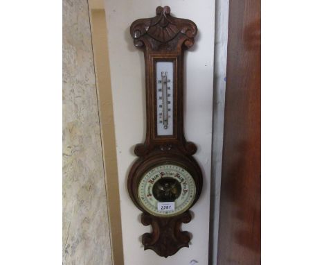 Victorian carved oak aneroid barometer / thermometer / clock