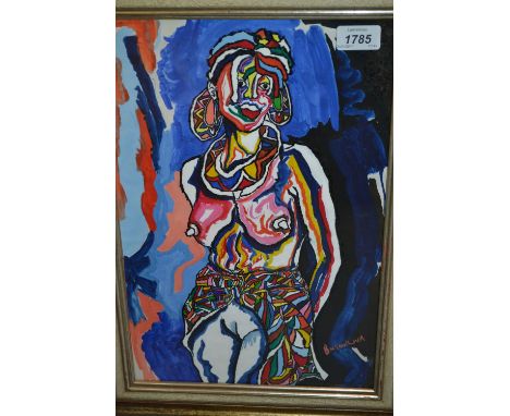 20th Century African school, mixed media, stylised portrait of a lady, signed Busuulwa, 15.5ins x 10.5ins, gilt framed