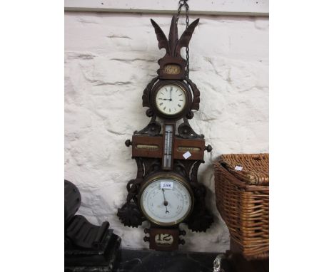 Early 20th Century carved oak barometer / thermometer / clock / calendar