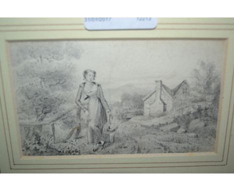 19th Century English school, small pencil drawing of a lady standing in a landscape before a cottage, a profile portrait of a