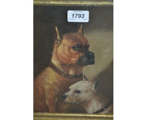 Oil on board, portrait of two terriers in an interior, 9.5ins x 7.5ins, maple framed