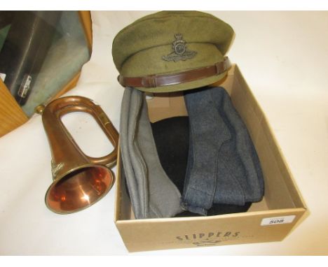 Royal Artillery officer's cap and bugle together with three other military caps