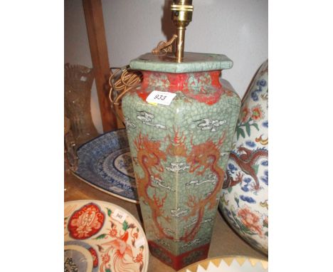 Late 19th Century Chinese crackleware vase of hexagonal tapering form decorated with dragons and clouds on a celadon ground, 