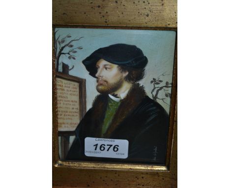 20th Century oil on card, portrait of a man after Holbein, signed Calzoloni in an ebonised and gilt frame