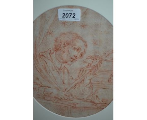Antique red crayon drawing, portrait of a figure contemplating a crucifix, oval mounted, 9ins x 7ins, gilt framed
