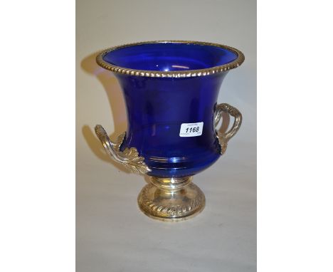 Unusual blue glass campana form two handled pedestal wine cooler with silver plated mounts