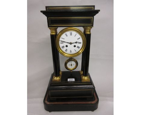 19th Century French ebonised portico clock, the two train movement with outside count wheel striking on a bell, the white dia