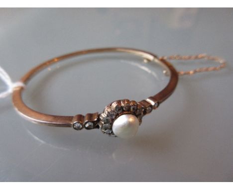 Edwardian yellow metal pearl and rose cut diamond set bangle