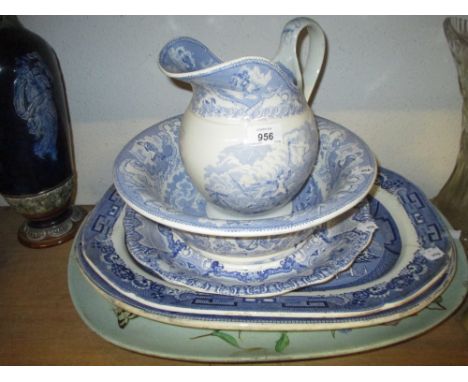 G.S. and Co. blue and white Napoleon pattern jug and basin, a Copeland blue and white Willow pattern meat dish, another blue 