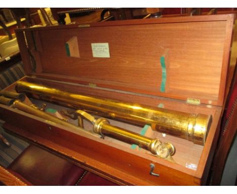 Large mahogany cased gilt brass telescope by T. and H. Doublet, with various interchangeable lenses and folding tripod