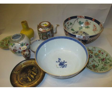 Quantity of various oriental bowls and plates including an enamel decorated teapot, ginger jar (lacking cover), terracotta ye