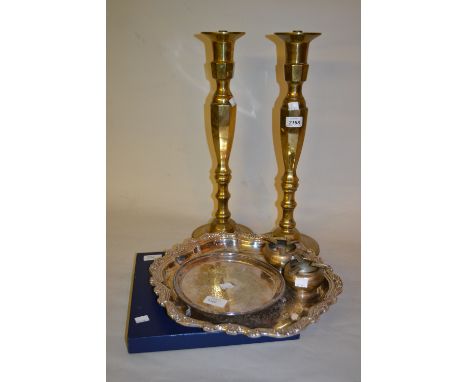 Pair of large brass table lamp bases, two plated salvers, a boxed pewter salver and a pair of plated ashtrays