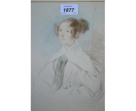 19th Century pencil and watercolour, half length portrait of a seated lady, dated 1831, another watercolour, a lady in weddin