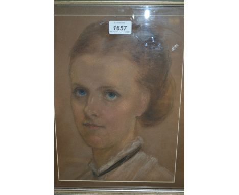 19th Century head and shoulder pastel portrait of a lady, labelled verso F. Grispini, 1871, 12ins x 9ins, framed