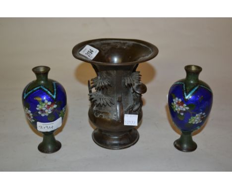 19th Century Chinese dark patinated bronze vase decorated in high relief, a pair of small cloisonne vases (a/f) and a Canton 