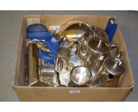 Two silver plated entree dishes, plated tea service and other plated items