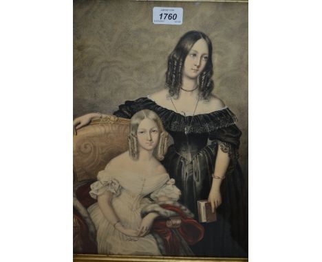 19th Century gilt framed watercolour, portrait of two young ladies, one seated, 17ins x 12.5ins