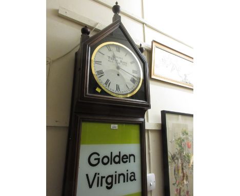 Unusual mahogany cased Gothic style wall clock adapted for tobacco advertising use, the circular dial with Roman numerals ins