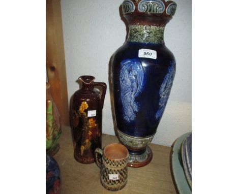 Large Doulton Lambeth baluster form vase decorated with classical figures (a/f), a Doulton Kingsware Don Quixote flask (a/f),