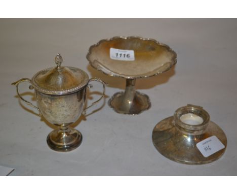 Birmingham silver miniature tazza (a/f) together with a trophy cup and capstan inkwell (a/f)