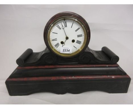 19th Century French black slate and rouge marble mantel clock, the enamel dial with Roman numerals and two train movement