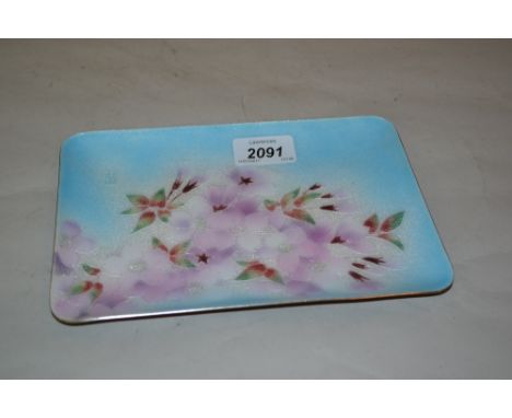 Japanese enamel rectangular trinket dish decorated with blossom, signed, 8ins wide