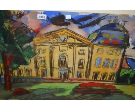 George Hooper, crayon and watercolour, view of Chateau de la Roche, Tullie, Beaujolais, 1970, unsigned, inscribed to a label 