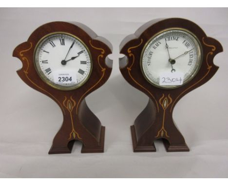 Edwardian mahogany and marquetry inlaid Art Nouveau design clock and barometer pair, the shaped stylised cases enclosing enam