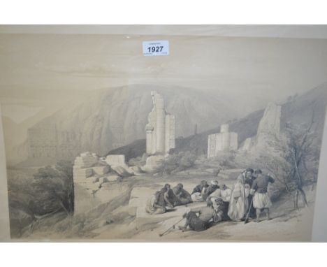 David Roberts R.A., two full page lithographs, ' Remains of a Triumphal Arch at Petra ' and ' Karnak ', published F.G. Moon, 