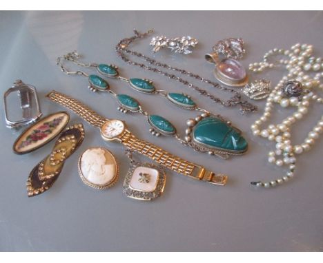 Cased pair of Art Deco lorgnettes and a small quantity of other diamante and marcasite set jewellery, a quartz pendant, small
