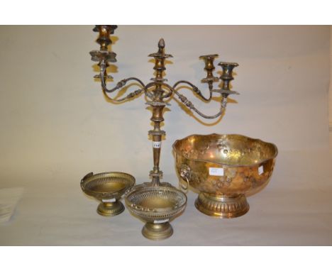 Plated four light candelabra, plated punch bowl, canteen of cutlery and sundries